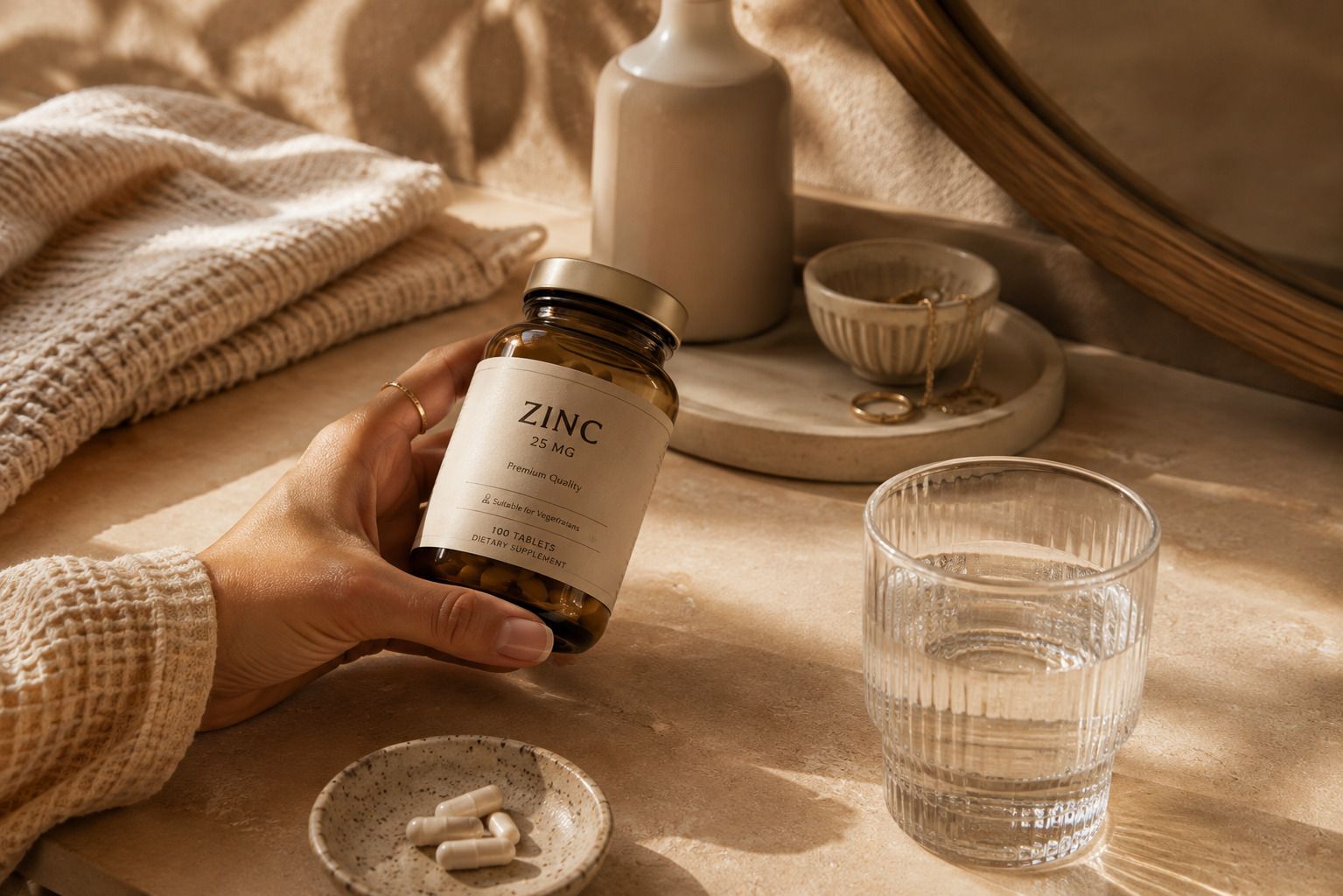 Hand holding a brown bottle of Zinc capsules, with water and pills nearby on a light surface.