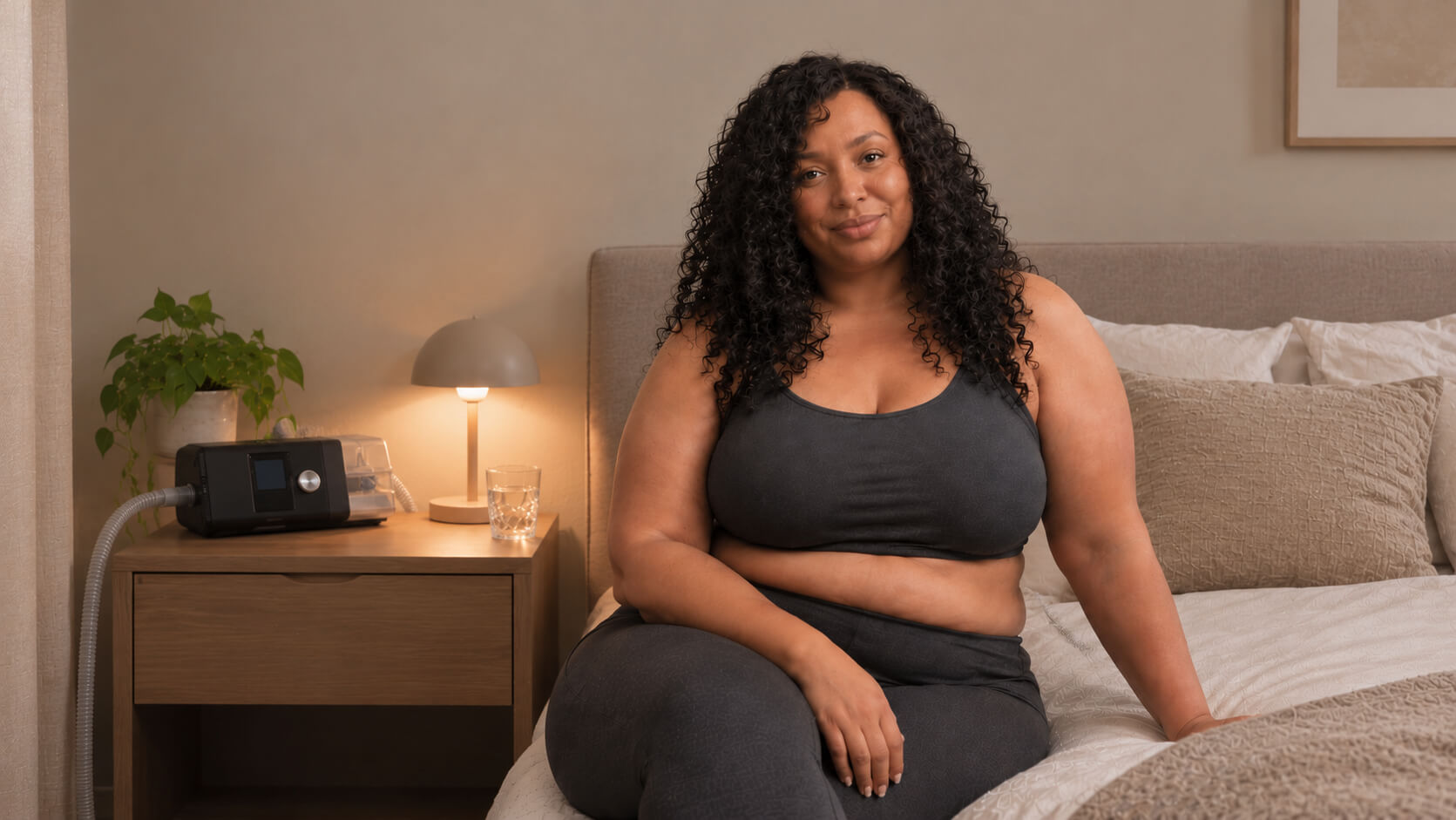 Smiling woman in activewear sits on a bed next to a CPAP machine.